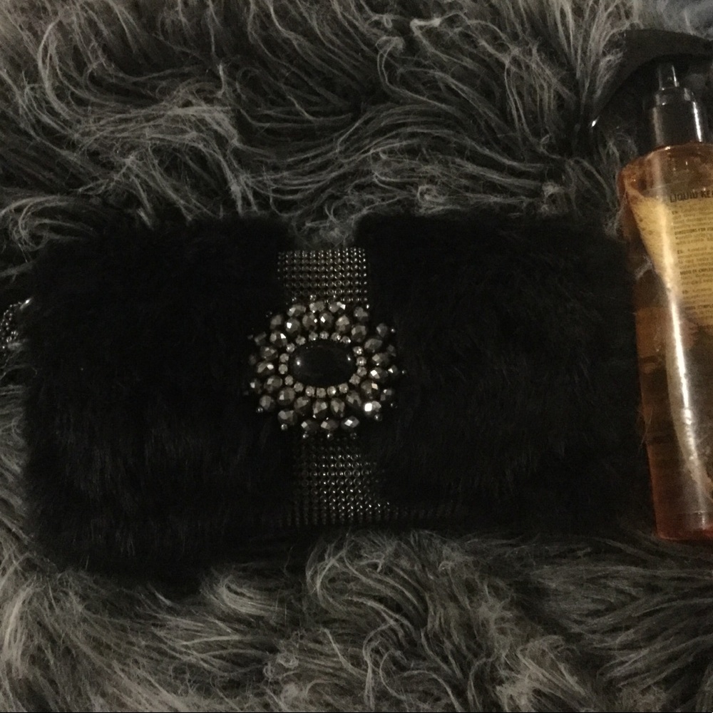 Furry cache crystal embroidered clutch